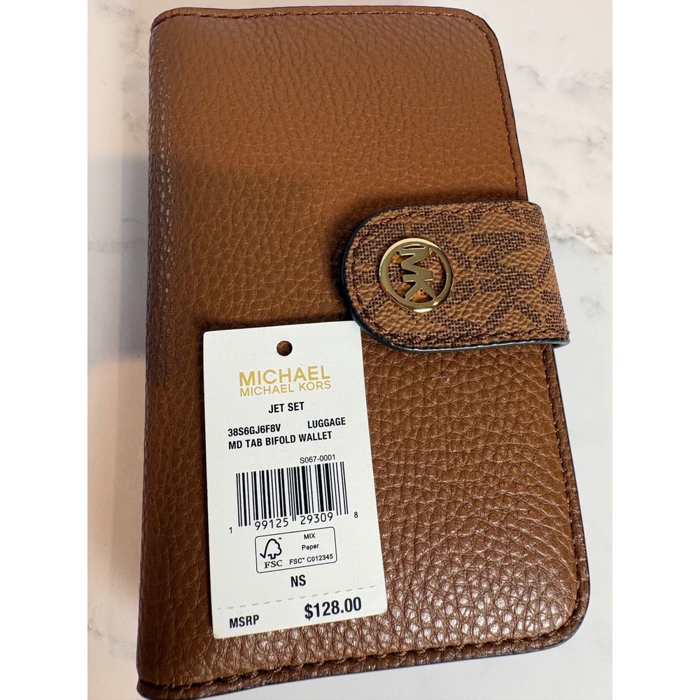 NWT Michael Kors Jet Set Medium Tab Bifold Wallet Luggage Brown Leather - Picture 3 of 5